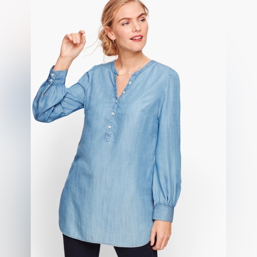Talbots Womens PS Top Tunic Woven Chambray L/S Gathered Shoulders Ruffle